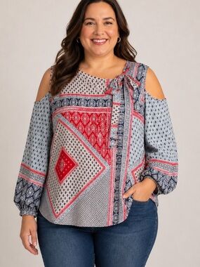 Chico's Bandana Patchwork Picnic Cold Shoulder Blouse Tie Neck XXL
